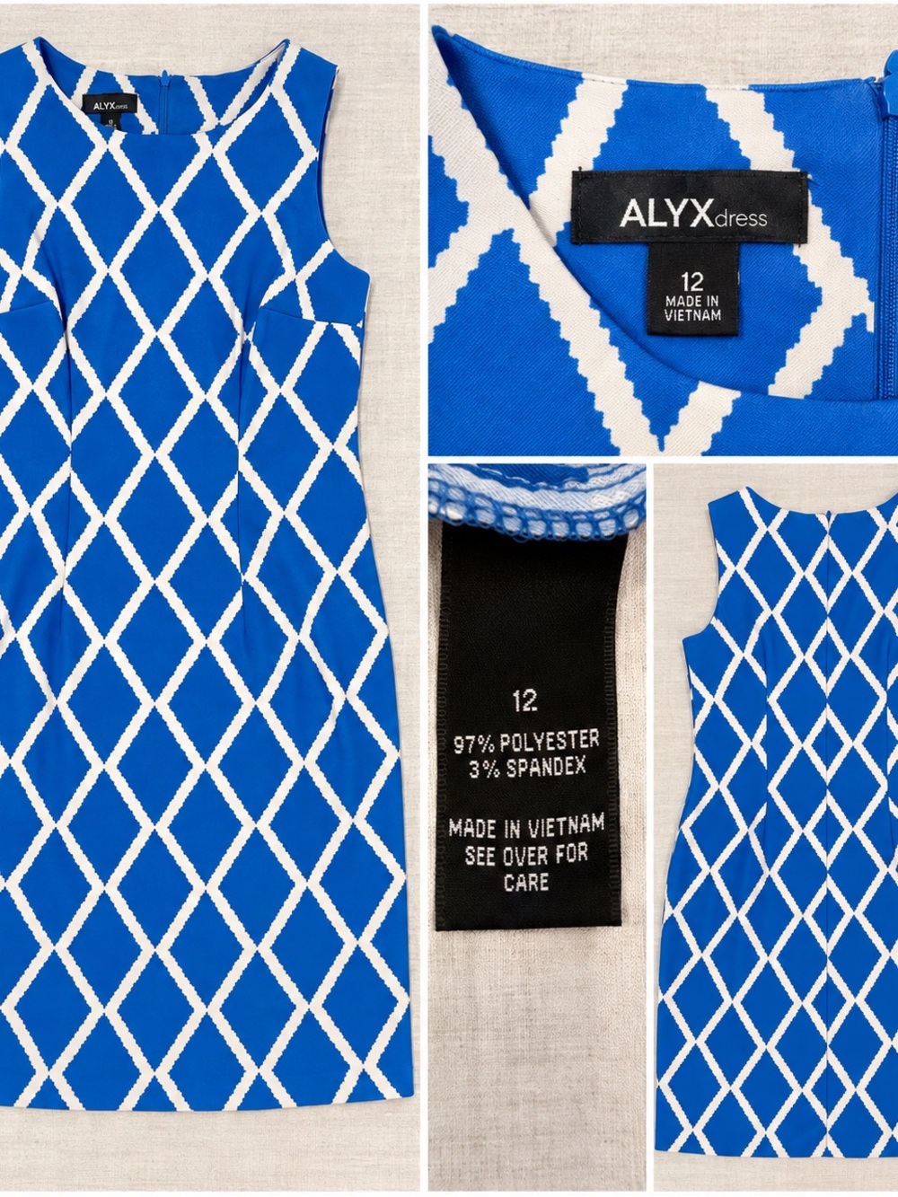 ALYX Dress Women’s Size 12 Blue White Geometric Argyle Sleeveless Sheath Stretch